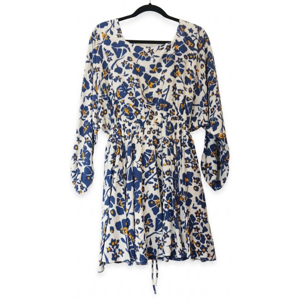Caballero Womens medium peasant square neck modal silk shift dress blue yellow